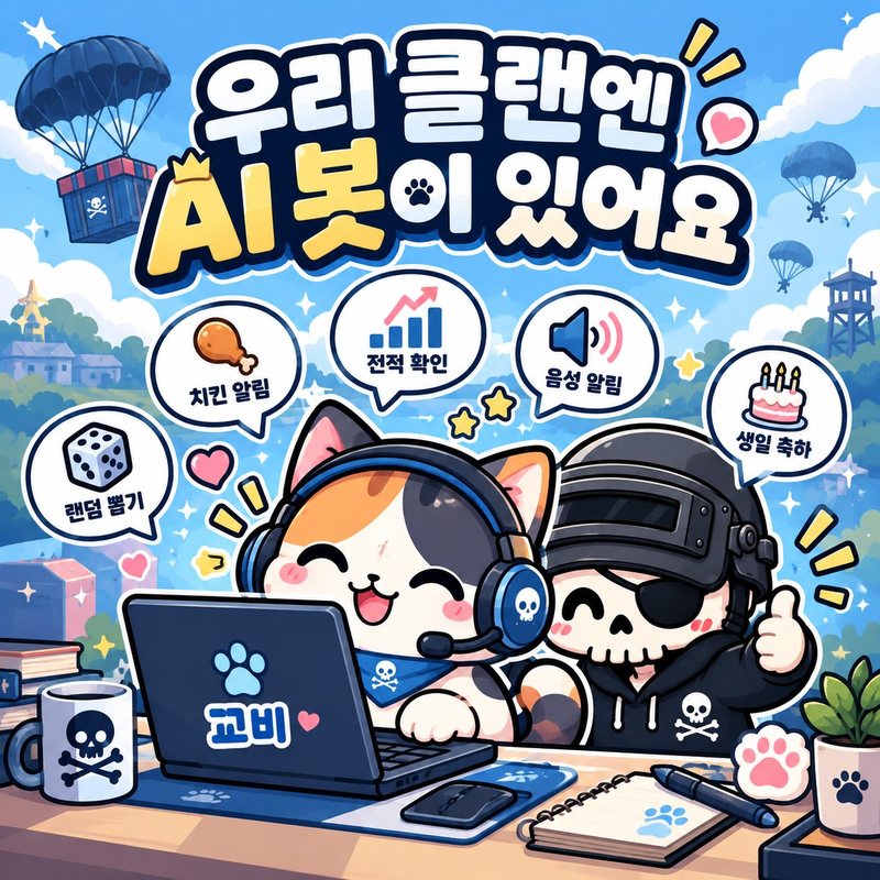 노트북 앞에서 웃고 있는 고양이 봇 꼬비 일러스트